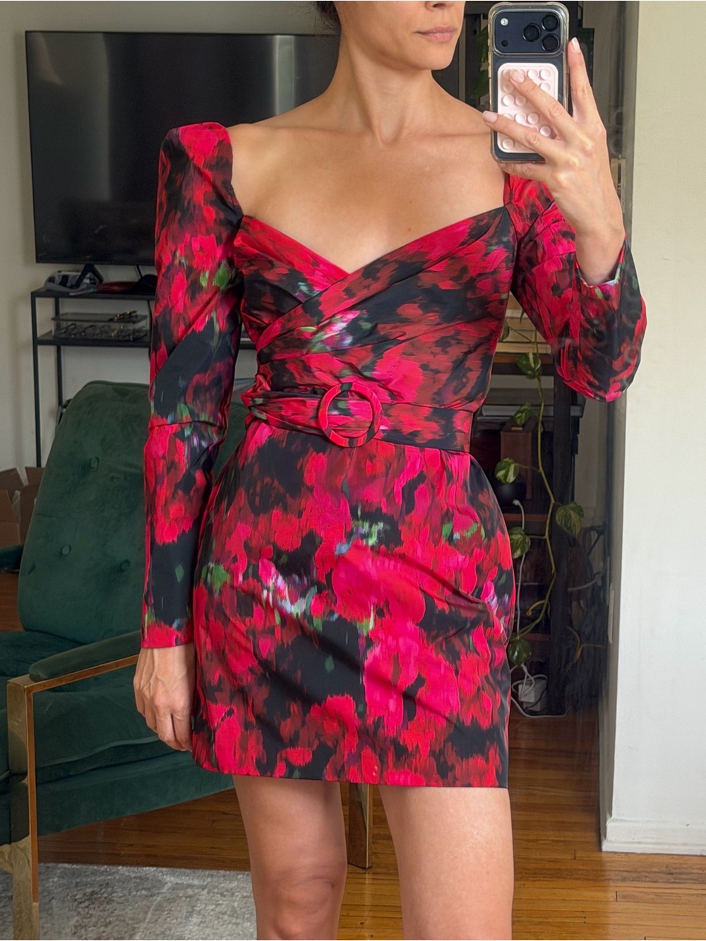 Marciano floral watercolor Print Mini Dress in Red and Black